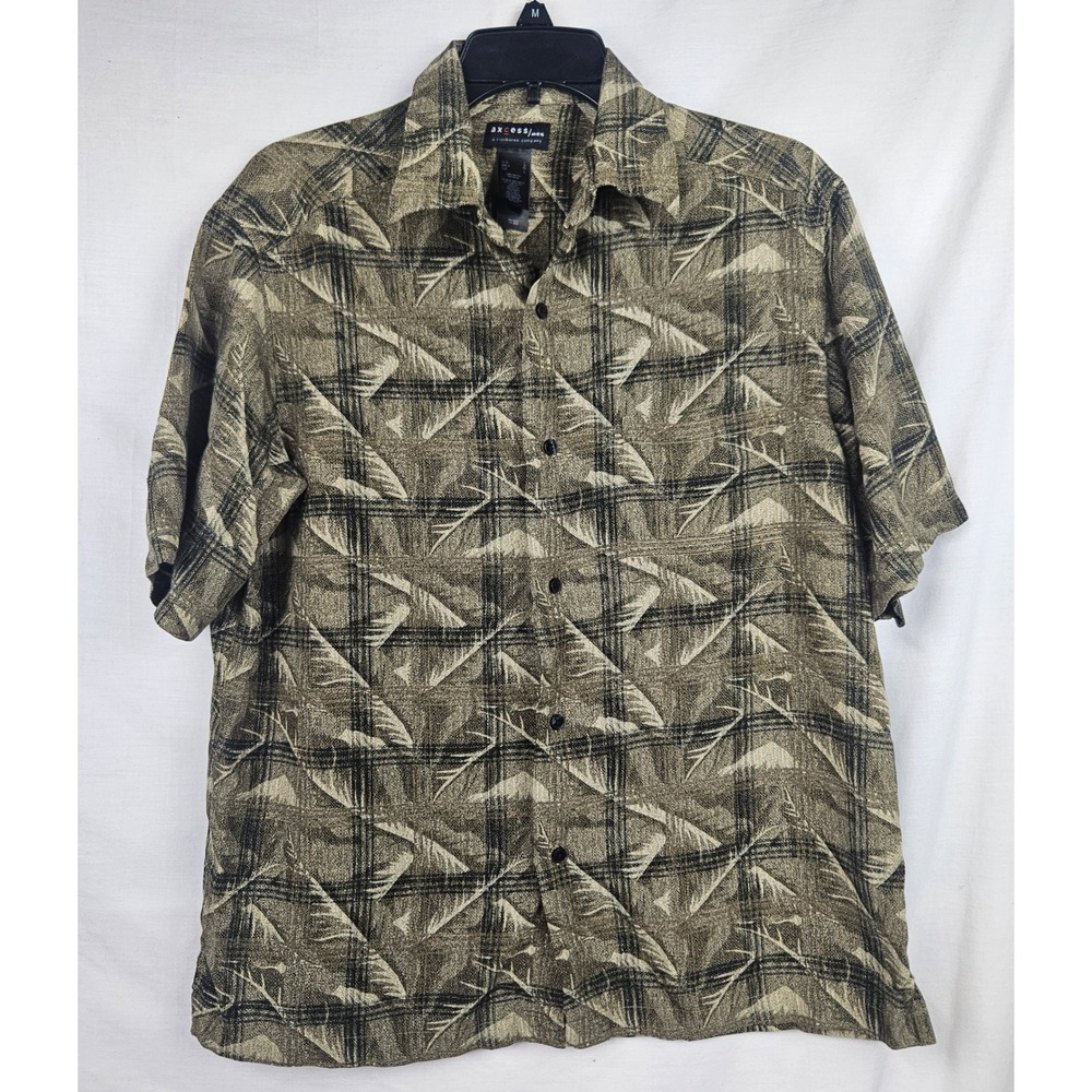 Axcess Men Claiborne Olive Green Abstract Rayon Button Down Shirt L Resortwear